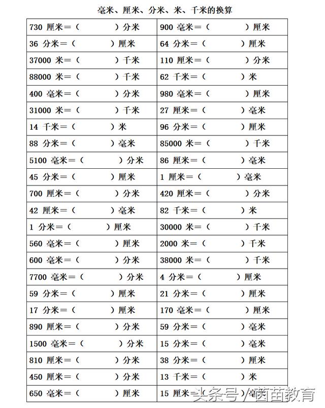 长度单位（毫米、厘米、分米、米、千米）的换算专项练习