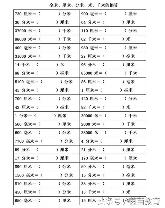 长度单位（毫米、厘米、分米、米、千米）的换算专项练习