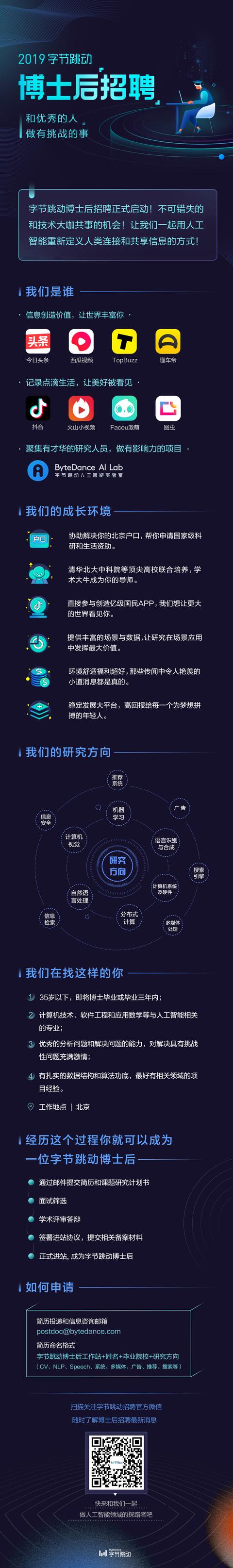 字节跳动成立博士后工作站，欢迎你加入
