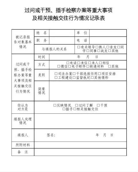 《过问或干预,插手检察办案等重大事项及相关接触交往行为情况记录表