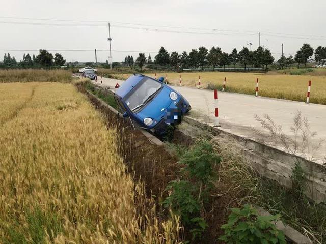 镇江一车辆方向失控 歪斜冲进麦田