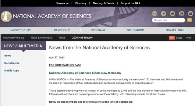 美国科学院公布新一批院士名单，中科院曹晓风