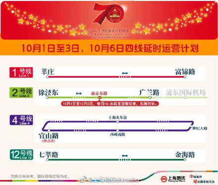 10月6日上海地铁路网4条线路延时运营