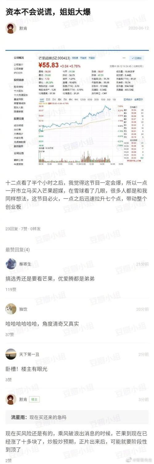 “姐姐”們徹底火了！芒果超媒股價(jià)暴漲13% 市值超1000億！粉絲：感覺錯(cuò)過好多錢……