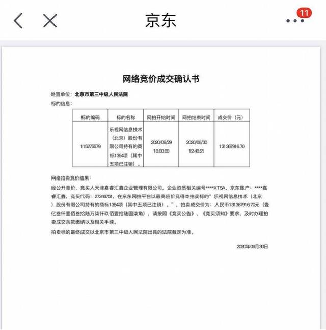 「商标」乐视1354项商标以1.31亿元成交 买家居然是拍卖申请执行人自己