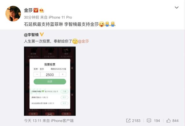 石延枫支持蓝菲琳！李智楠晒出为金莎投票截图
