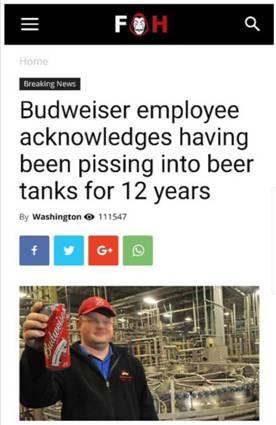 百威员工在啤酒中“方便”12年？实为整蛊网站恶搞假新闻