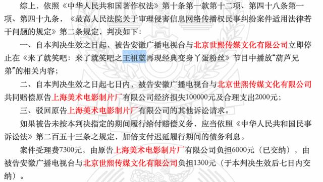 王祖蓝参与节目中有演员模仿葫芦娃被诉，工作