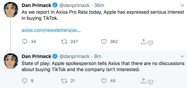 收购|苹果称未就收购TikTok进行磋商 公司没有讨论过