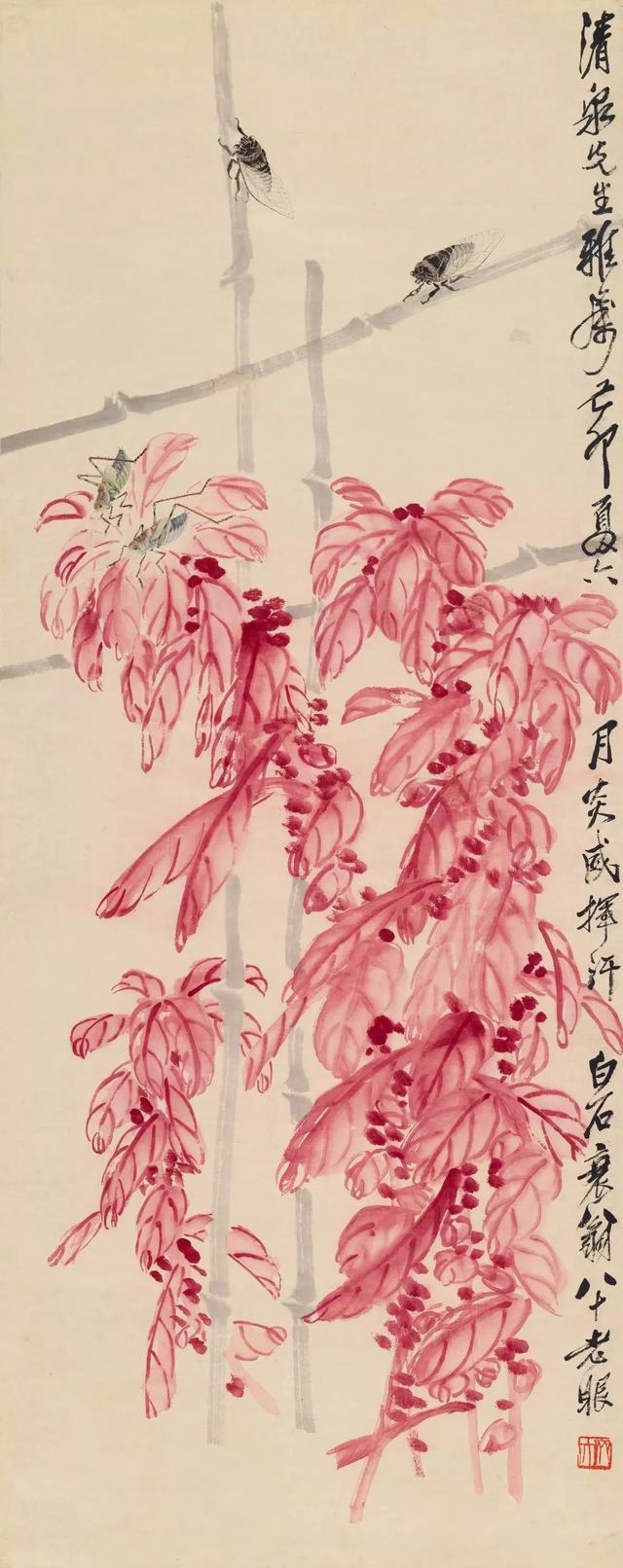 齐白石擅长的大写意花卉绘画题材，满纸充满鸟语花香