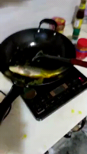 【搞笑gif动态图片】第一次学做鱼 油是不是放多了？