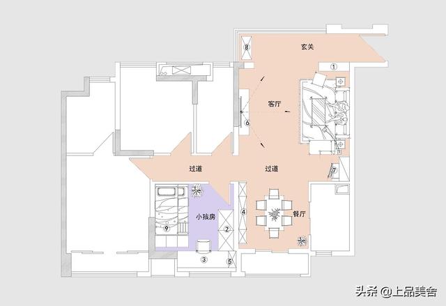 115平米新中式风格，客餐厅装饰造型古香古色，儿童房充满了童趣