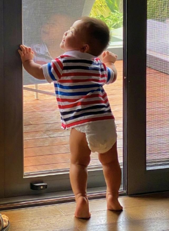 张晋晒与儿子温馨对视，乐儿9个月就能站立，堪称骨骼清奇