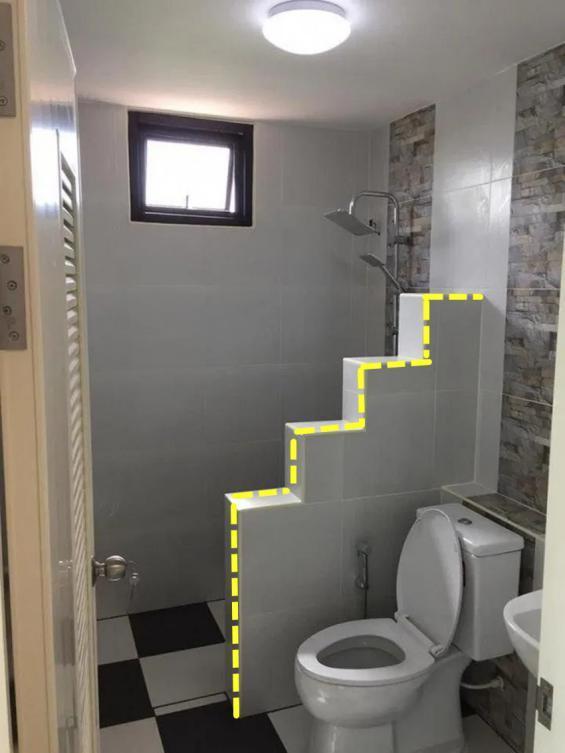 卫生间隔断不要千篇一律，做成阶梯式掏个壁龛，实用性多10倍