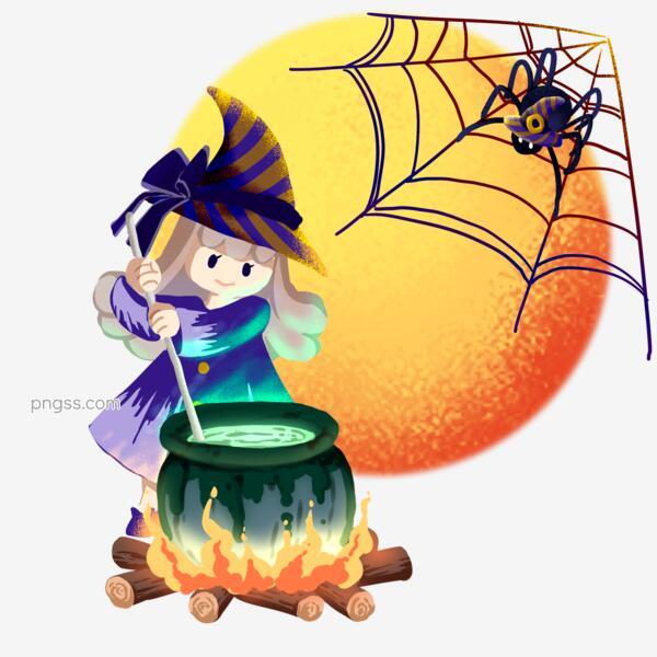 万圣节可爱手绘蜘蛛网魔女熬药圆月可商用png搜索网 精选免抠素材 透明png图片分享下载 Pngss Com
