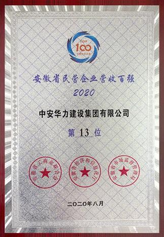 2020安徽民营企业百强发榜中安华力建设集团荣列营收百强第十三位