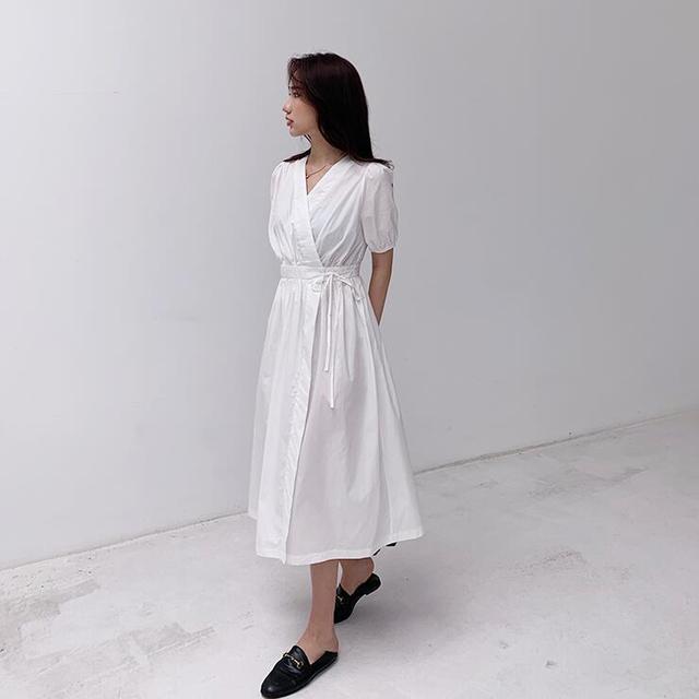 法式茶歇裙一片式纯色连衣裙女夏收腰中长款泡泡袖-ljw9527的轻略博客