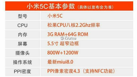 小米5c外观设计配备全曝出：独立松果处理器 超窄边框设计