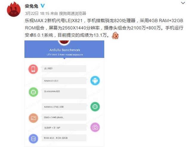 乐视电视乐Max 2显卡跑分曝出：骁龙820 4gB运行内存
