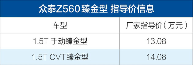 众泰汽车Z560臻金型发售 售13.08-14.08万余元