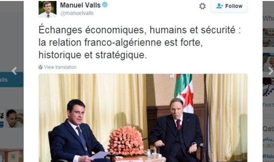 法总理Twitter上发布与阿尔及利亚总统合照引争议