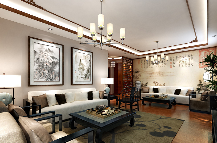 中式风格三居室效果图，奢华内敛