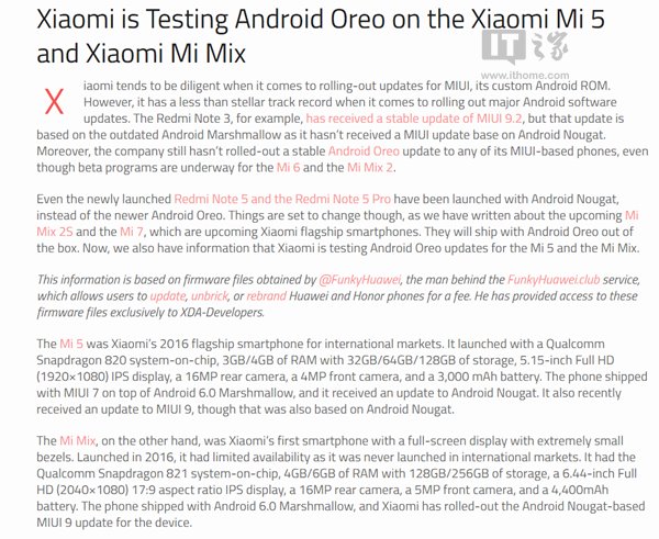 外国媒体：小米5/小米MIX安卓8.0 ROM曝出