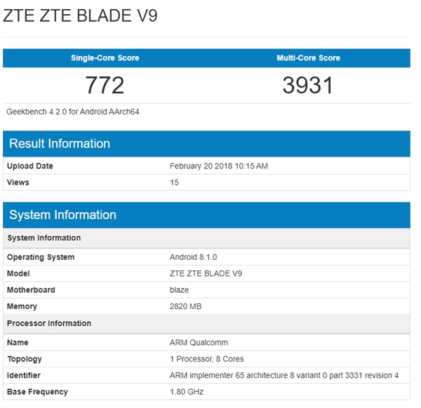 zte中兴全面屏手机新手机Blade V9现身GeekBench：MWC上公布