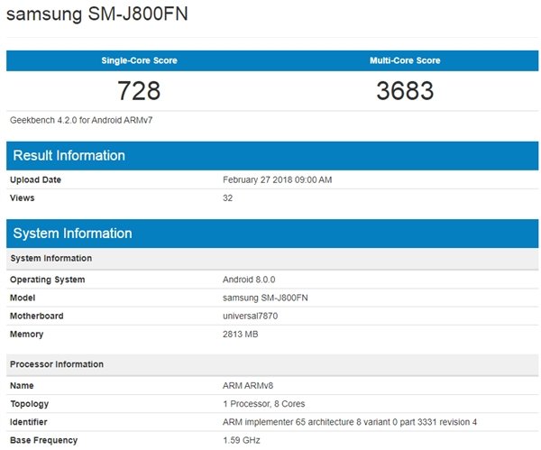 Galaxy J 系列产品中档新手机亮相GeekBench 包含J3 J4 J6 J8