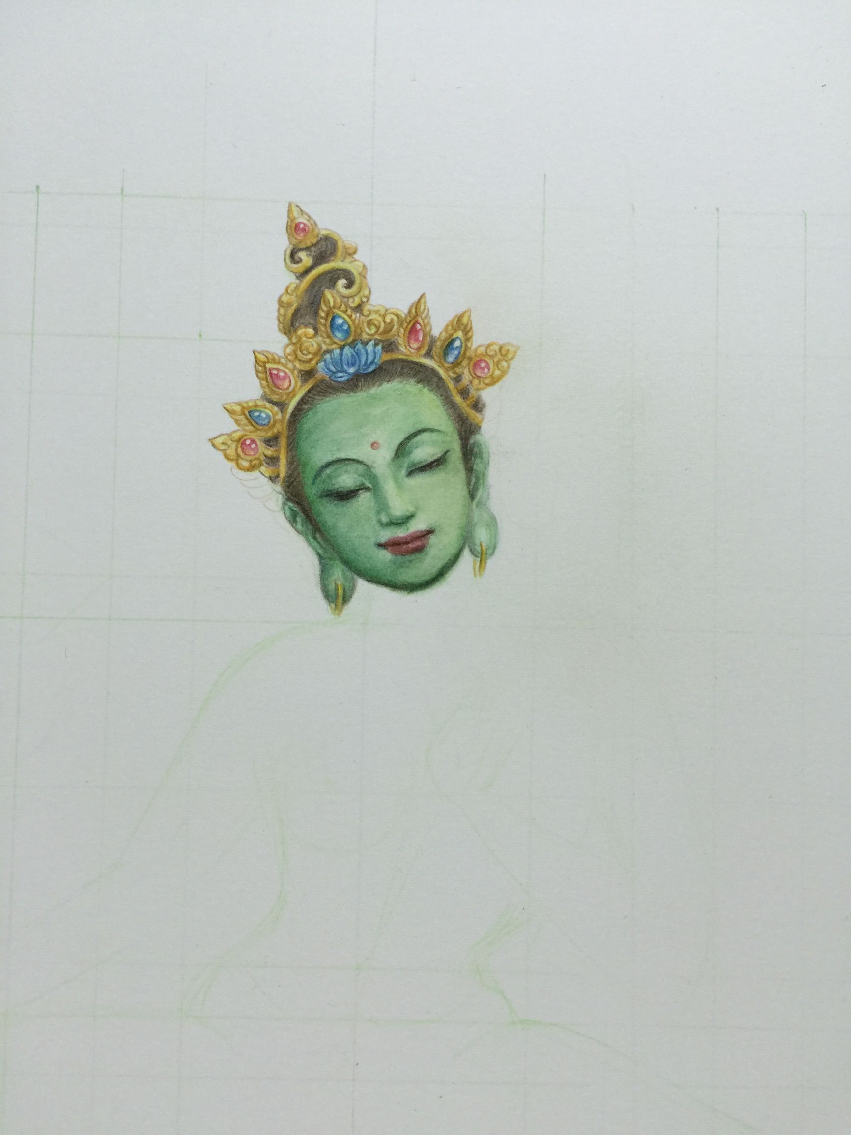 绿度母佛像唐卡彩铅画日记，已完成并赠送。
