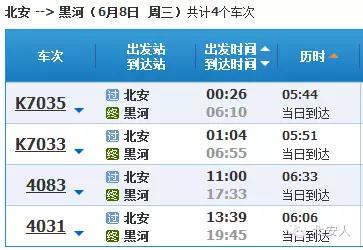 6月8日北安至哈尔滨、黑河、齐市区间的列车时刻又要调整了