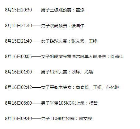 里约奥运，中国代表团比赛时刻表
