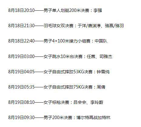 里约奥运，中国代表团比赛时刻表
