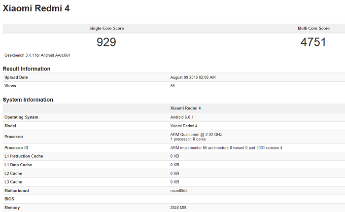 红米4手机跑分在Geekbench曝出，选用高疏通龙625CPU