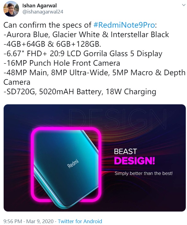 Redmi Note 9 Pro详尽配备曝出：骁龙720G 5020mAh充电电池