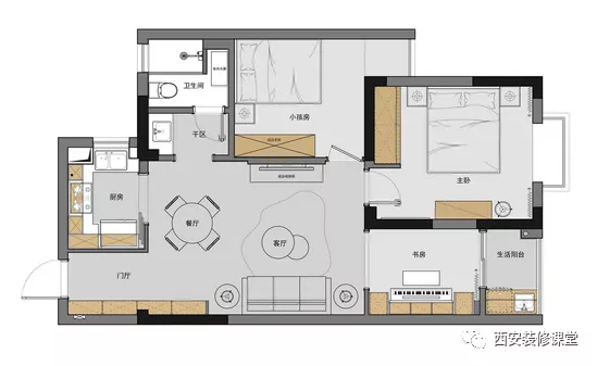 90m2两室现代美式，通铺木纹砖，超大阳台变书房，成就三室空间