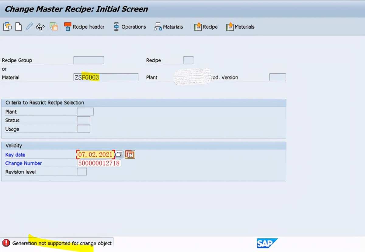 SAP PP使用ECR去修改Recipe，報錯說該功能不支援