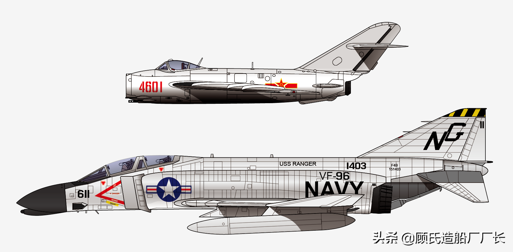 娇毡-5战斗机和美国海军舰载航空兵f4b鬼怪ii战斗机等比例侧视图