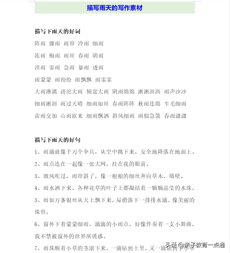 描写雨天的中小学作文范文+好词、好句、诗词,记下孩子写作不再难