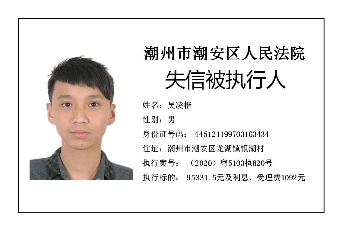 潮州市潮安区人民法院发布2020年第五批失信被执行人公告