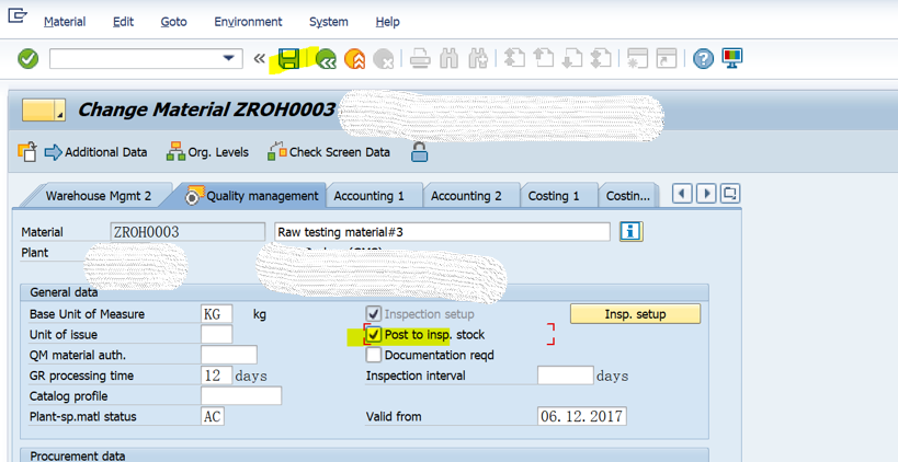SAP QM 物料主数据QM视图里字段MARC-INSMK的更新