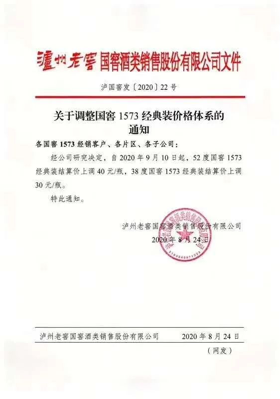 泸州老窖1573价格上调，52度国窖1573经典装达到890元/瓶