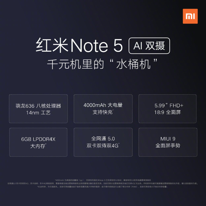 史上最牛照相千元手机红米noteNote5公布：骁龙636 8GB！1099元超级！