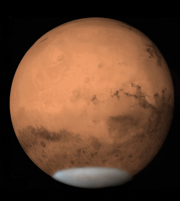 在这图片中，你可以看到火星上的巨大沙尘暴