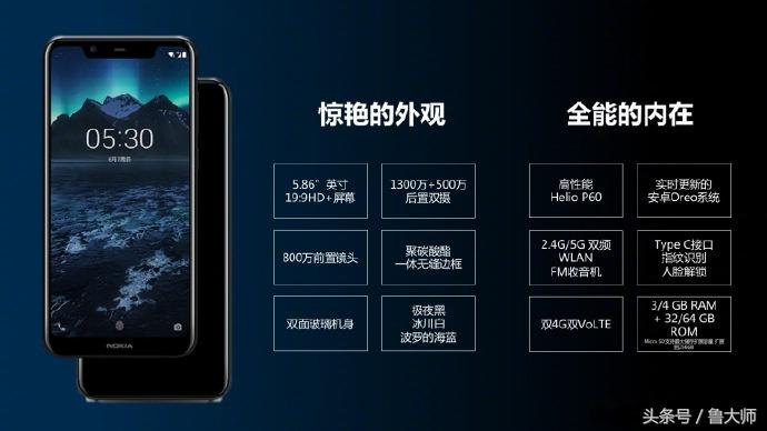 Nokia X5公布 84%屏幕比例 Helio P60 双摄像头 999元起！