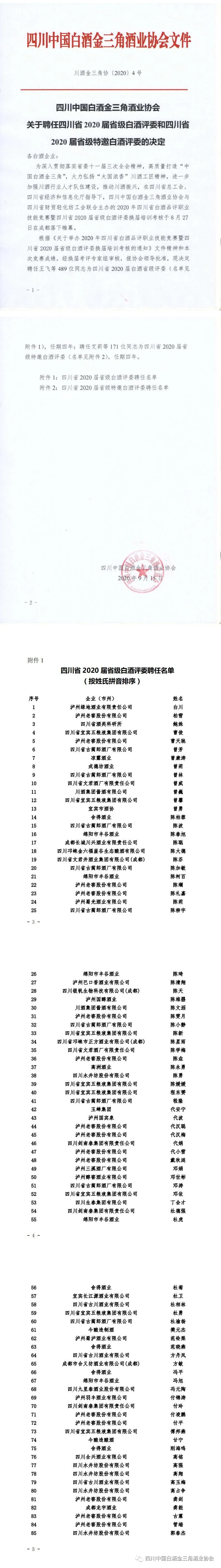 四川省2020届省级白酒评委特邀评委“大名单”