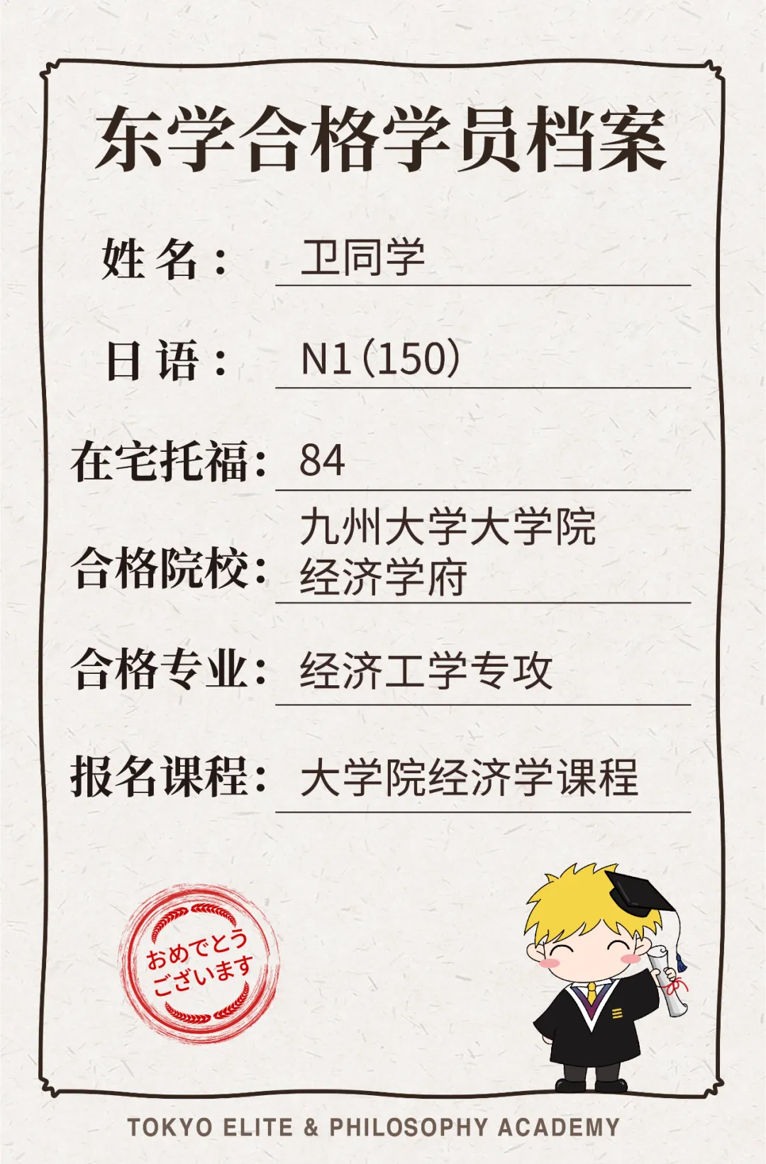 日本留学读研:再获两枚九州大学经济学合格喜报