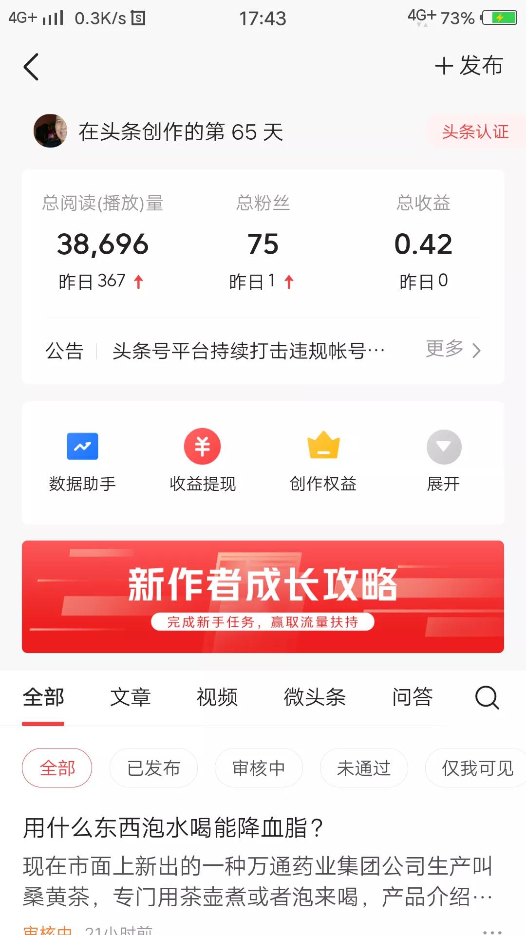 我在头条上做自媒体已经做了65天，收益0.42元