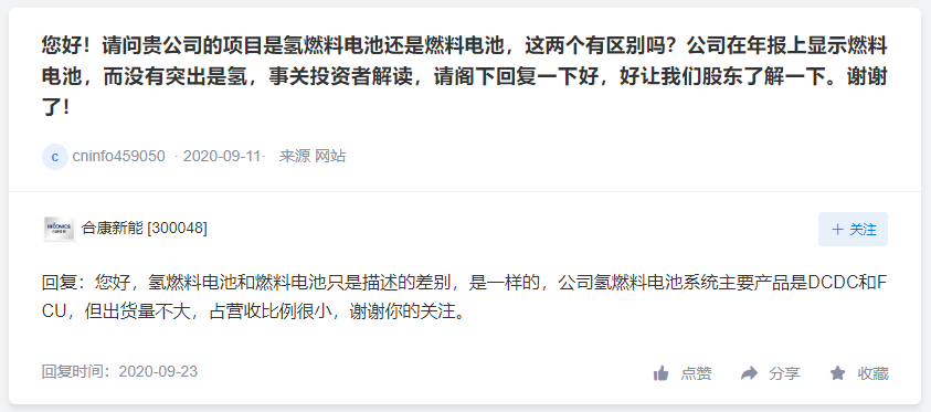 合康新能氢能产品营收比例很小，富瑞特装液氢项目正在研发过程中