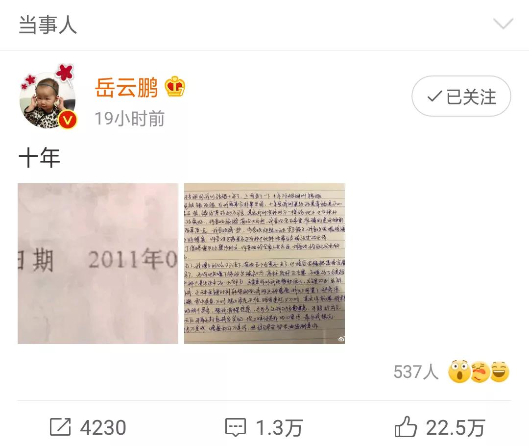 Yue Yunpeng basks in handwritten letter to celebrate marry 10 years